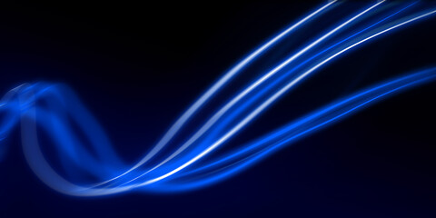 Dark abstract background with blue neon glowing lines. Abstract background, neon light, laser show, impulse, pulse power lines, energy impulse, blue glowing dynamic lines. Technology background
