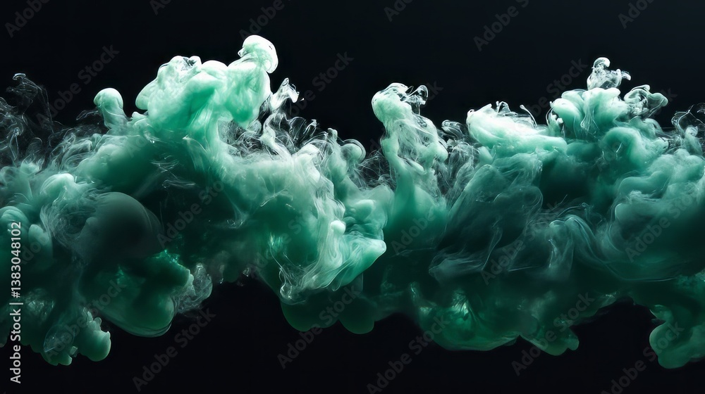 Poster abstract fusion of green smoke in motion against a black background, creating dynamic flowing patter