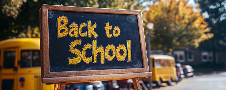 Blackboard announcing back to school with blurred school bus fleet in the background