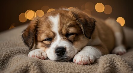 Sleepy Puppy Resting on Cozy Blanket with Bokeh Background