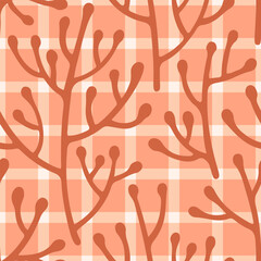 Fototapeta premium Terracotta Orange Branches on Soft Plaid Seamless Pattern