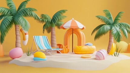 Obraz premium Summer beach vacation scene with palm trees and beach chair for summer holiday travel background