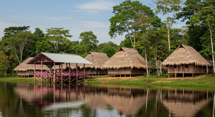Obraz premium Amazon Village Serenity: Thatched Huts, Pink Pavilion & Reflections. Tropical Lakeside scene, Jungle Cabins, South America.