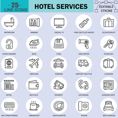 Hotel Services Icon Set – 25 Editable Line Vector Icons for Hospitality, Travel, Booking and More for Apps & UI Design