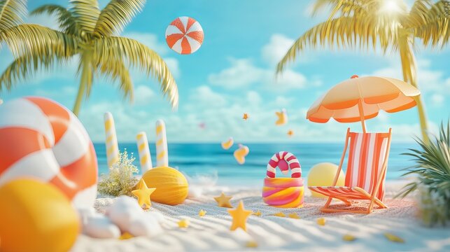 Summer beach vacation with candy theme background for travel and holiday season with palm trees and ocean