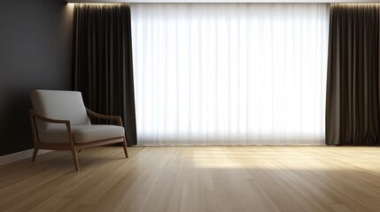 Modern minimalist living room with a cozy chair and sheer curtains letting in natural light