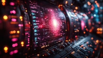 Obraz premium Futuristic spaceship control panel displaying energy core.