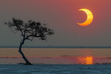 Partial Solar Eclipse over Lake at Sunset
