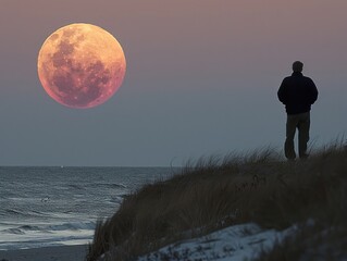 Man watches a blood moon over the ocean