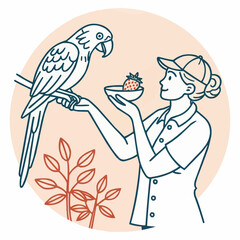 Fototapeta premium Woman offering a strawberry to a parrot sitting on a branch