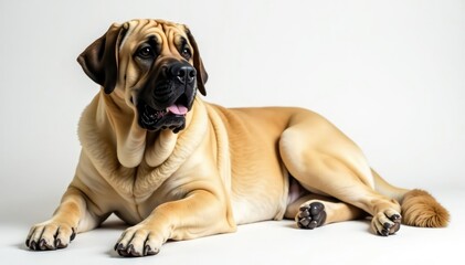 Obraz premium Large mastiff, relaxed pose, pure white backdrop, pet, portrait