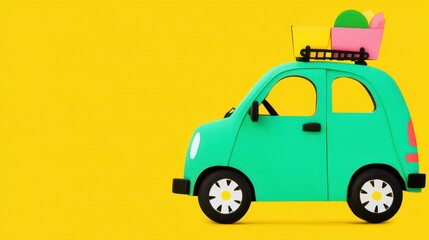 Obraz premium Pastel Green Miniature Car with Shopping Carts on Yellow Background
