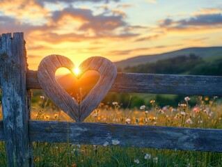 Heart on fence at sunset; meadow, nature, and mountains background for Valentines