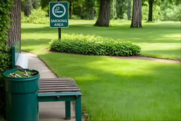 Smoking Area with Ashtray and Bench in a Green Outdoor Space