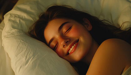 A young woman rests peacefully in her bed, smiling softly as sunlight filters through the room, creating a serene atmosphere