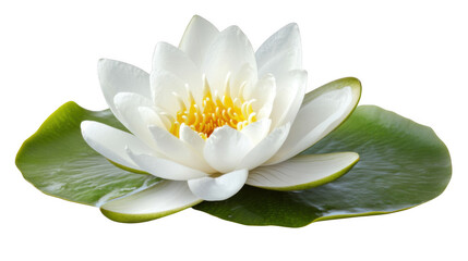A close up of a white water lily with yellow center sitting on a green lily pad on black background