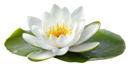 A close up of a white water lily with yellow center sitting on a green lily pad on black background
