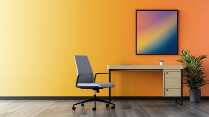 Modern workspace featuring a desk and chair against a vibrant orange wall with abstract art