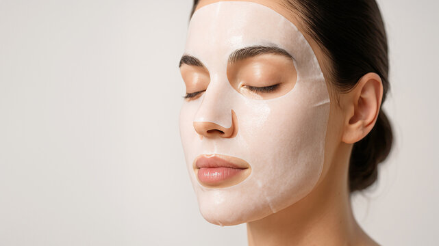 Woman with white sheet facial mask relaxing with closed eyes on light background