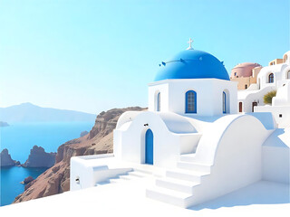 Greek island church with blue color dome isolated on white transparent background. PNG, Cyclades Greece