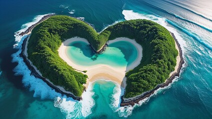 Heart-shaped earth and sky with tropical island beach and crystal-clear waters in a paradise landscape