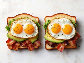 fried eggs with bacon and vegetables sandwiches, sandwiches on a white background