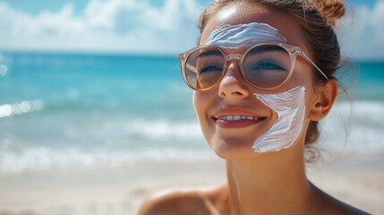 Woman applying sunscreen on face at beach summer skincare protection spf lotion sunblock sun safety vacation