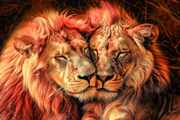 Fototapeta premium Two lions are hugging each other