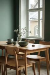 Serene dining room scene with wooden table chairs green tableware and delicate white flowers in vase by window