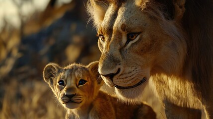 Obraz premium Lion mother with cub in the wild