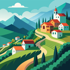 Scenic Hilltop Village with Lush Greenery and Red Roof Houses in a Vibrant Landscape