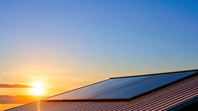 Solar panels installed on a rooftop under a vibrant sunset sky, showcasing renewable energy