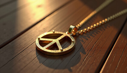 Peace symbol pendant on wooden background, iconic charm