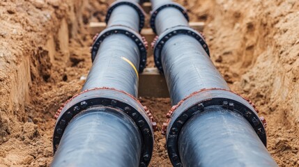 A close-up view of black pipes installed underground, surrounded by soil, indicating a construction or utility project.