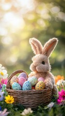 Bunny with easter eggs in basket on grass with flowers in sunlit background. Happy holiday season.