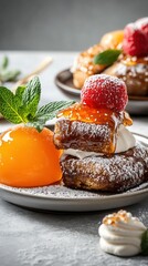 A delectable before-and-after dessert presentation showcases fluffy pancakes drizzled with honey and topped with fresh raspberries and a vibrant orange jelly creating a visually