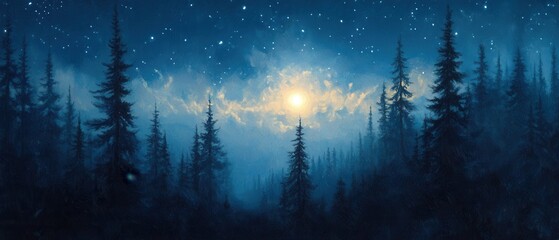 Fototapeta premium Ethereal forest landscape painting under starry night sky with moonlit glow and majestic pine trees creating a serene and tranquil natural scene
