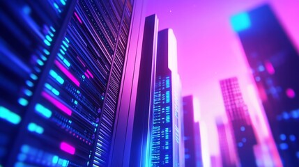 Futuristic cityscape at dusk with glowing skyscrapers and vibrant neon lights reflecting off surfaces