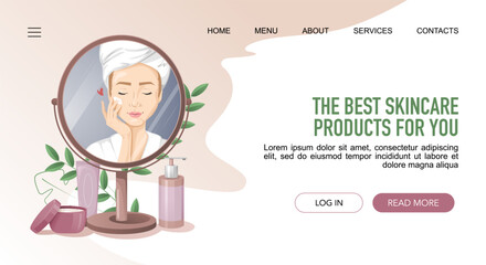 The best skincare products for you Landing web page with woman having beauty routine in mirror