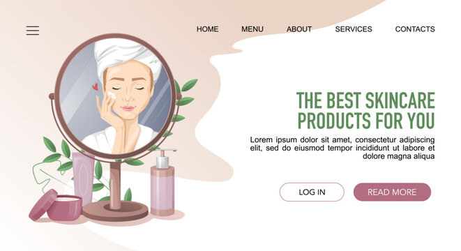 The best skincare products for you Landing web page with woman having beauty routine in mirror