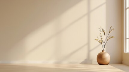 A serene, minimalist interior featuring a vase with branches, soft sunlight casting gentle shadows on a neutral wall.