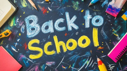 Colorful back to school concept with hand drawn lettering and school supplies on a blackboard