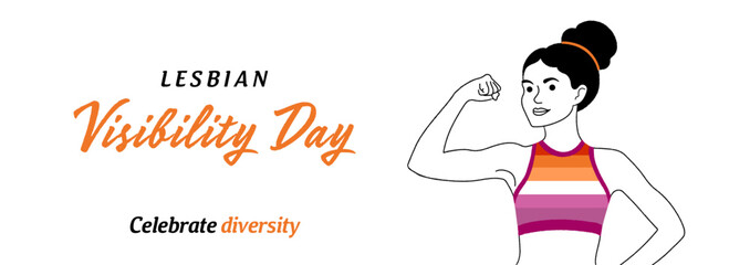 Lesbian Visibility Day, 26th of April. A woman with a flexed arm symbolizes strength—the crayon vector hand-drawn banner in the colors of the lesbian flag. Celebrate diversity holiday.	