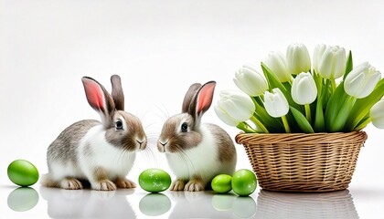 Naklejka premium Wielkanocne tło z króliczkami, zielonymi pisankami i białym tulipanami