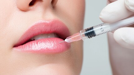 A close-up of a woman's lips as a syringe is poised for a cosmetic procedure, highlighting beauty and enhancement.
