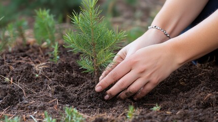 Fototapeta premium A person plants a small tree sapling in rich soil, emphasizing the importance of nurturing and caring for the environment.