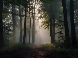 Misty morning light shining through trees in a quiet forest path