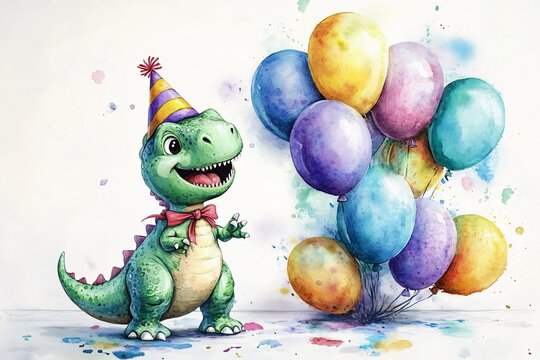 Playful cartoon dinosaur celebrating a birthday, perfect for children’s invitations or party decorations, with vibrant colors and a cheerful atmosphere.