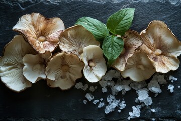 Mushroom caps with sea salt and herbs on black slate in natural lighting