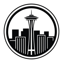 Iconic Seattle Cityscape in Black Outline Style